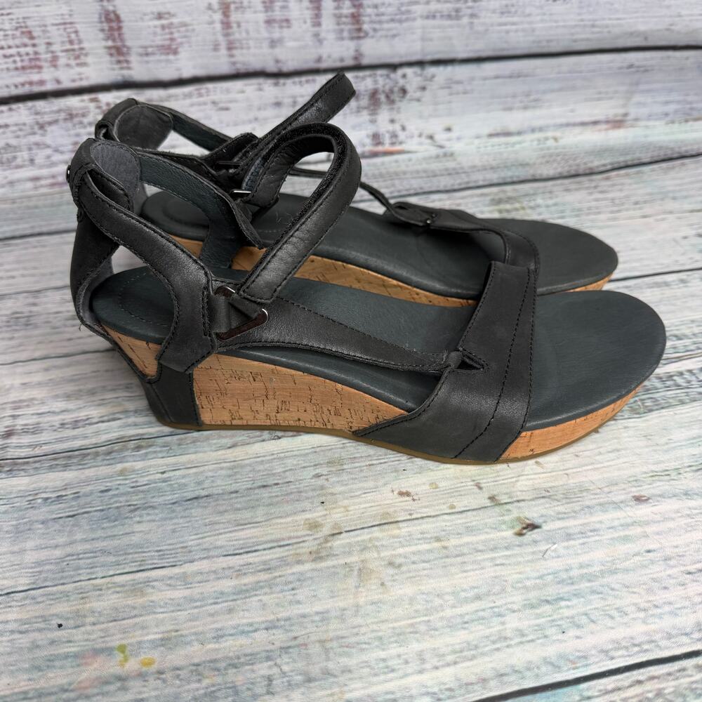 Teva Arrabelle Women 9 Black Leather Cork Wedge Sandals Ankle Strap Comfort
